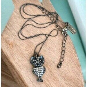 Vintage 1987 AERO Articulating Cute Owl Charm Necklace Amber Eyes Rhinestone 18"